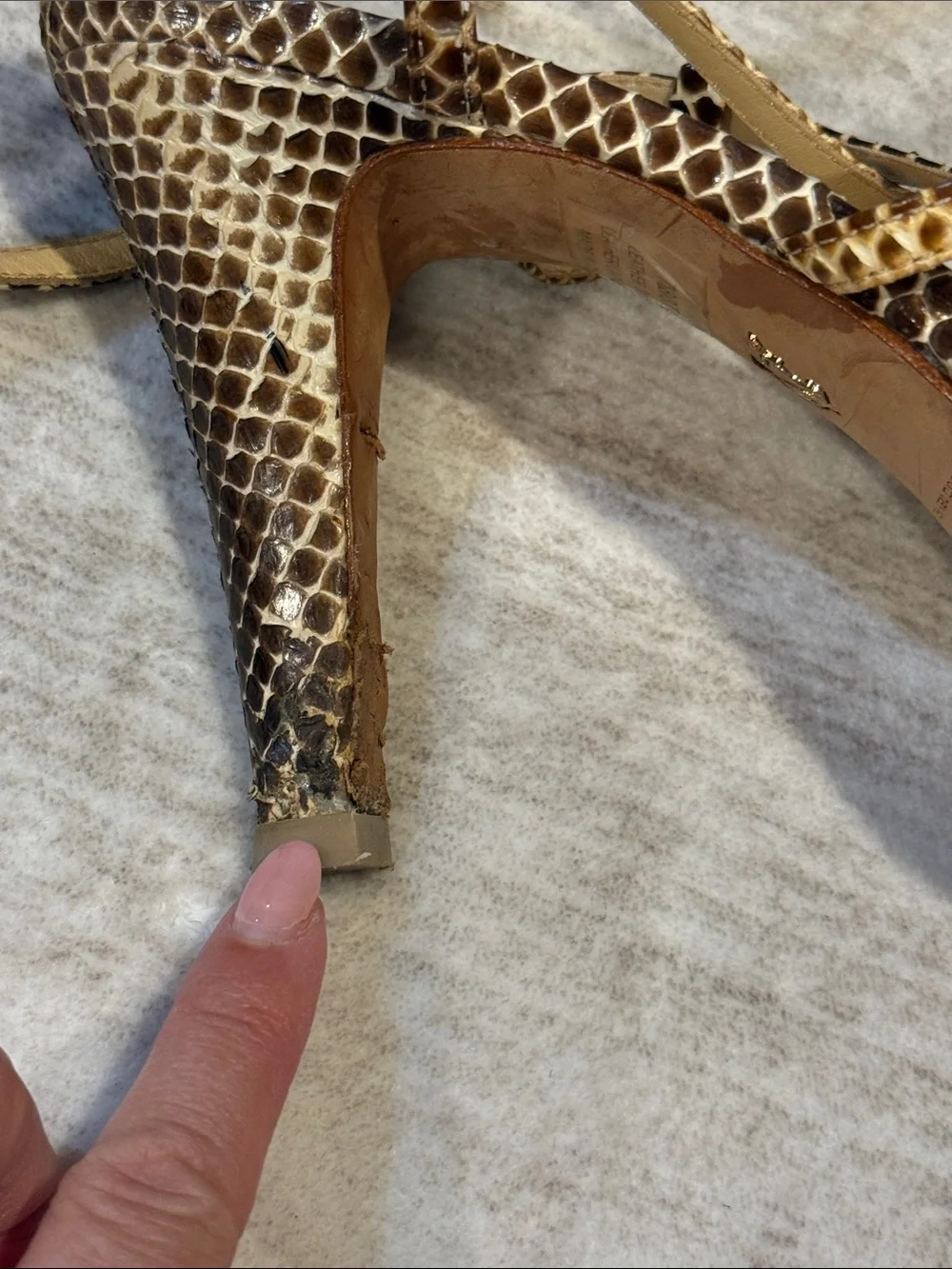 Women’s 7.5 Snake-Print Strappy Heels in Brown and Tan with platform